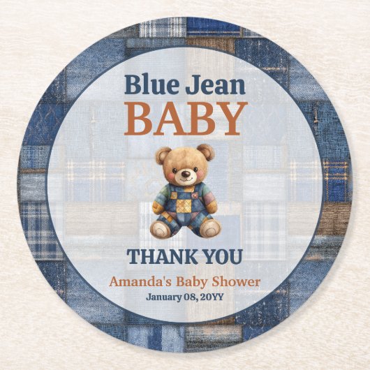 Patchwork Western Denim Bear Blue Jean Baby Shower ラウンドペーパーコースター (正面)