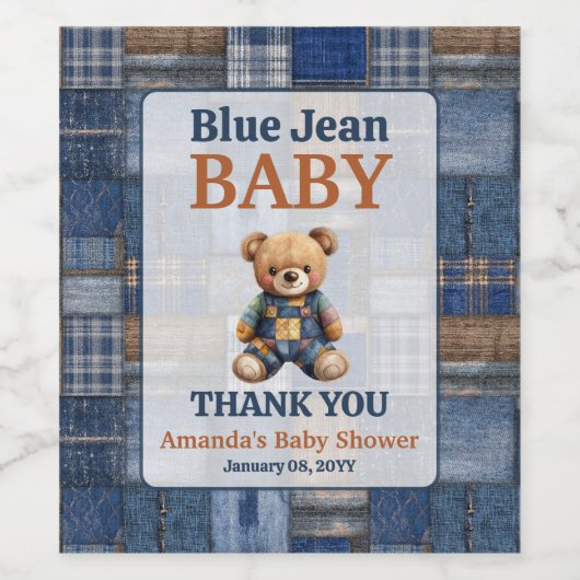 Patchwork Western Denim Bear Blue Jean Baby Shower ワインラベル (シングルラベル)