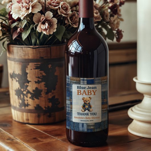 Patchwork Western Denim Bear Blue Jean Baby Shower ワインラベル