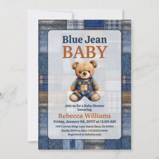 Patchwork Western Denim Bear Blue Jean Baby Shower 招待状 (正面)