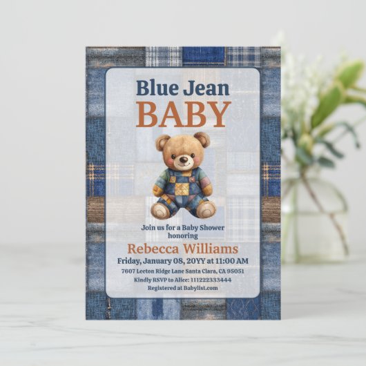Patchwork Western Denim Bear Blue Jean Baby Shower 招待状 (スタンド正面)