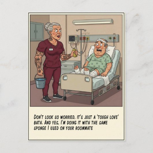 Patient Scared of Nurse Sponge Bath Get Well ポストカード (正面)