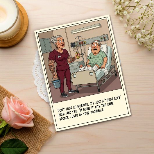 Patient Scared of Nurse Sponge Bath Get Well ポストカード