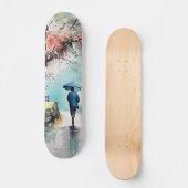 Patineta con Mujer Bajo la Lluvia en Arte Acuarela スケートボード (正面)