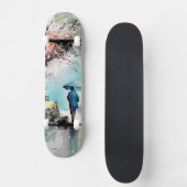 Patineta con Mujer Bajo la Lluvia en Arte Acuarela スケートボード (正面)