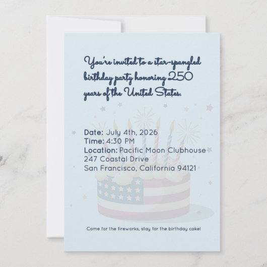 Patriotic 250th USA Birthday Celebration Invite (裏面)