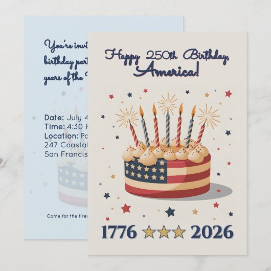 Patriotic 250th USA Birthday Celebration Invite (正面/裏面)