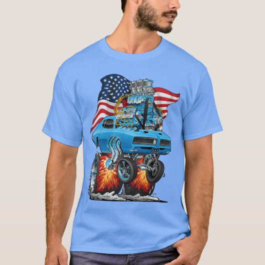Patriotic 60s Muscle Car Funny Dragster USA Hotrod Tシャツ (正面)