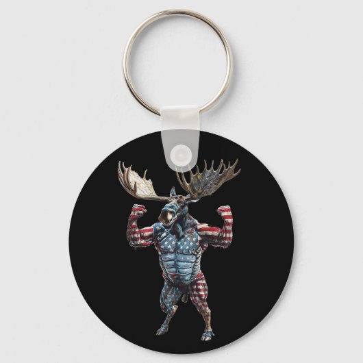 Patriotic American Flag 4th Of July Funny Moose Hu キーホルダー (正面)