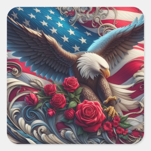 Patriotic American Flag and Eagle スクエアシール (正面)