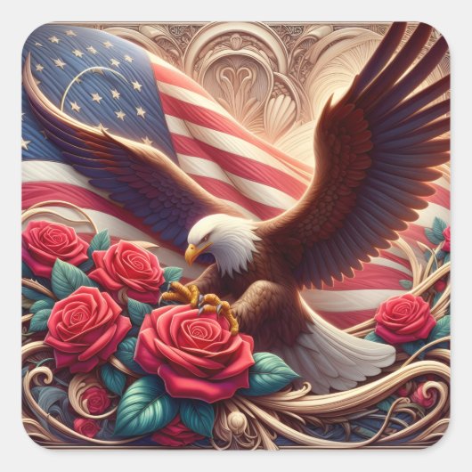 Patriotic American Flag and Eagle スクエアシール (正面)