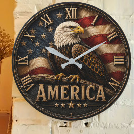 Patriotic American Flag Bald Eagle America ラージ壁時計