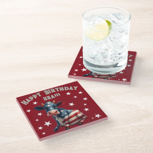 Patriotic American Flag Cow Illustration ガラスコースター (アングル)