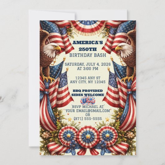 Patriotic American Flag & Eagles Birthday Invite シーズンカード (正面)