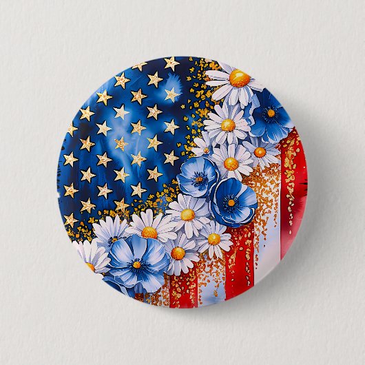 Patriotic American Flag Floral Glitter Button 缶バッジ (正面)