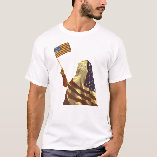 Patriotic American Flag Ghost Halloween Tシャツ (正面)