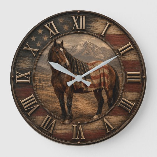Patriotic American Horse USA Flag Western Ranch ラージ壁時計 (正面)