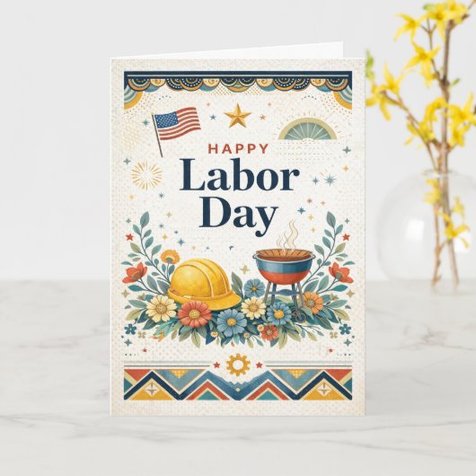 Patriotic Americana Happy Labor Day カード (黄色い花)
