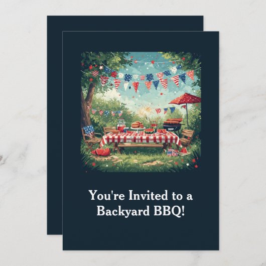 Patriotic Backyard BBQ Scene – 4th of July 招待状 (正面/裏面)