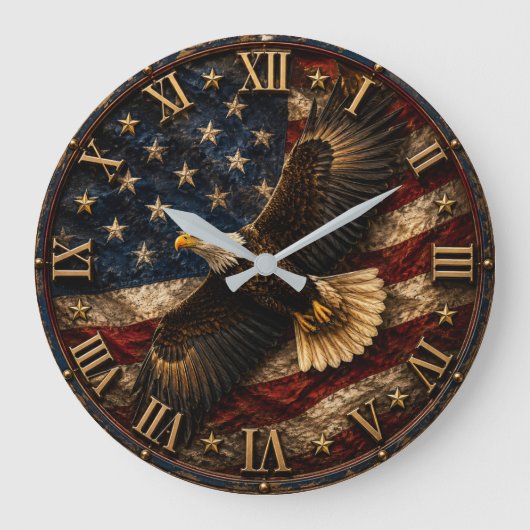 Patriotic Bald Eagle USA Freedom Flag ラージ壁時計 (正面)