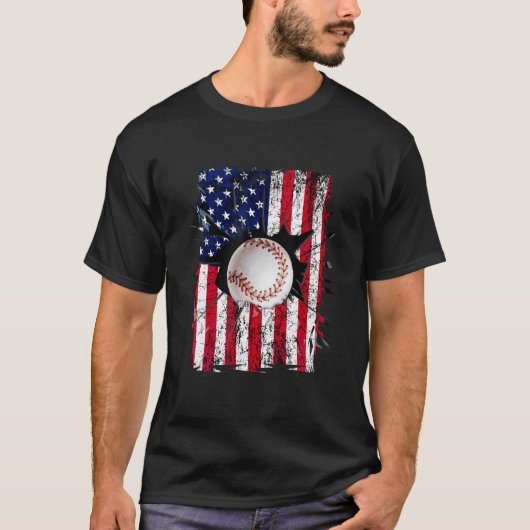 Patriotic Baseball 4th Of July Men USA American Fl Tシャツ (正面)