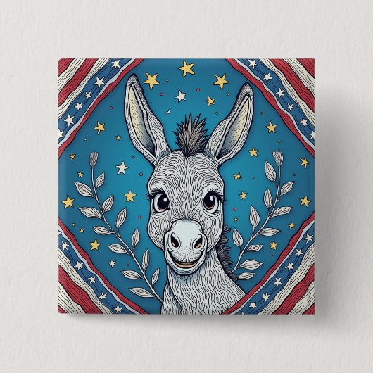 Patriotic Blue Donkey Illustration 缶バッジ (正面)