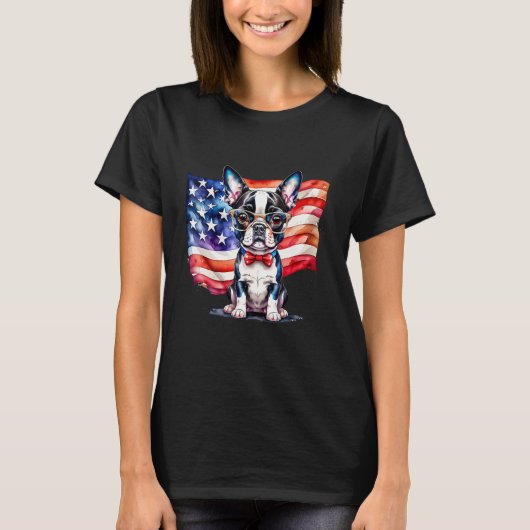 Patriotic Boston Terrier Puppy American Flag USA 1 Tシャツ (正面)