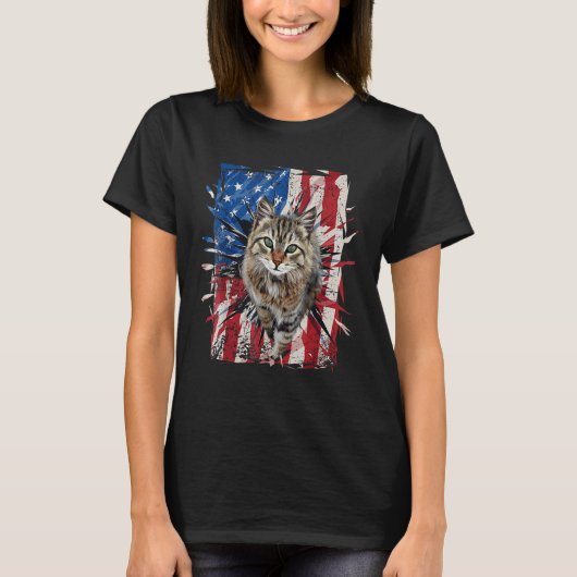Patriotic Brown Cat Torn American Flag 4th Of July Tシャツ (正面)