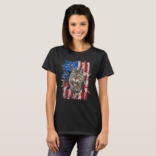 Patriotic Brown Cat Torn American Flag 4th Of July Tシャツ (正面フル)