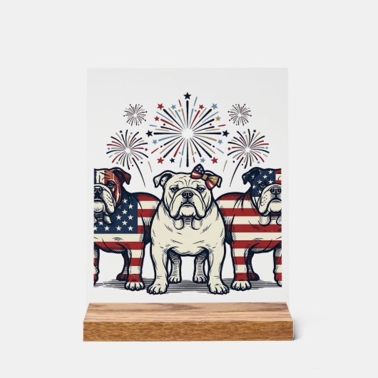 Patriotic Bulldog Fireworks Vintage Engraving Desi アクリルサイン (正面)