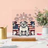 Patriotic Bulldog Fireworks Vintage Engraving Desi アクリルサイン (ウェディング)