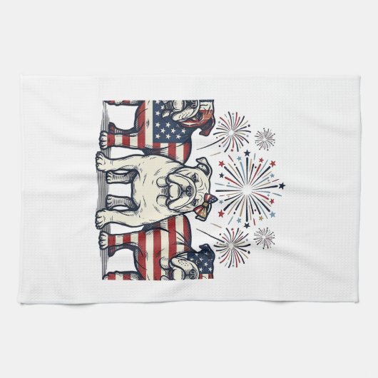 Patriotic Bulldog Fireworks Vintage Engraving Desi キッチンタオル (横)