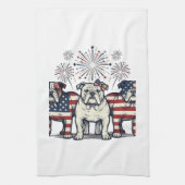 Patriotic Bulldog Fireworks Vintage Engraving Desi キッチンタオル (縦)