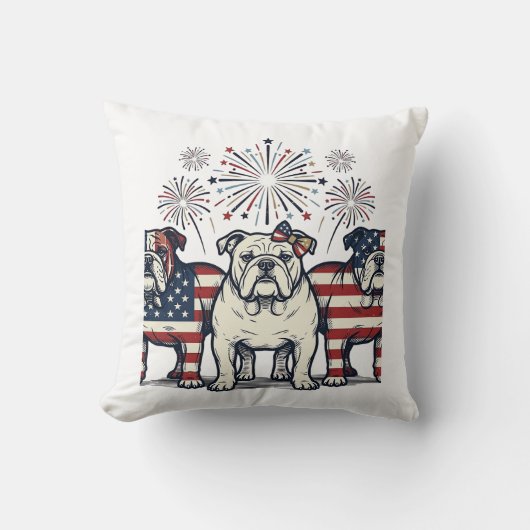 Patriotic Bulldog Fireworks Vintage Engraving Desi クッション (正面)