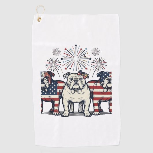 Patriotic Bulldog Fireworks Vintage Engraving Desi ゴルフタオル (正面)