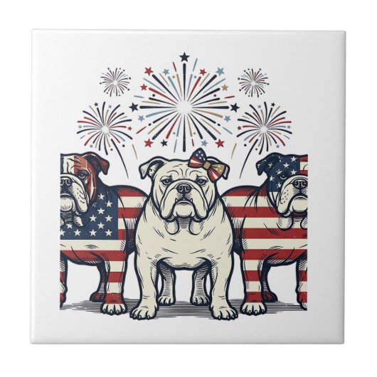 Patriotic Bulldog Fireworks Vintage Engraving Desi タイル (正面)