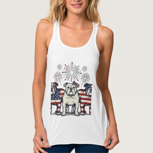 Patriotic Bulldog Fireworks Vintage Engraving Desi タンクトップ (正面)