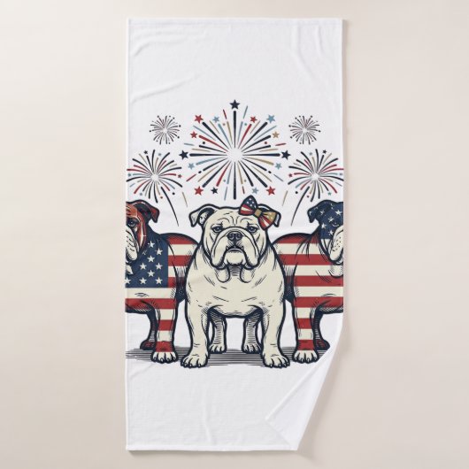 Patriotic Bulldog Fireworks Vintage Engraving Desi バスタオル (バスタオル)