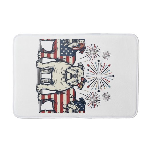 Patriotic Bulldog Fireworks Vintage Engraving Desi バスマット (正面)