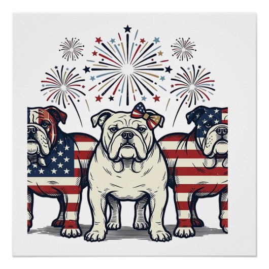 Patriotic Bulldog Fireworks Vintage Engraving Desi ポスター (正面)