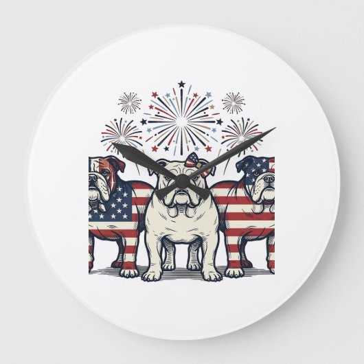 Patriotic Bulldog Fireworks Vintage Engraving Desi ラージ壁時計 (正面)