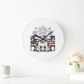 Patriotic Bulldog Fireworks Vintage Engraving Desi ラージ壁時計 (ホーム)