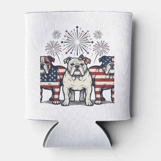 Patriotic Bulldog Fireworks Vintage Engraving Desi 缶クーラー (正面)