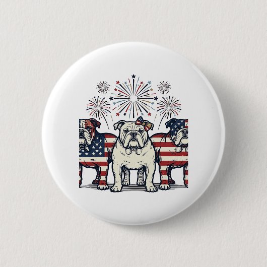Patriotic Bulldog Fireworks Vintage Engraving Desi 缶バッジ (正面)