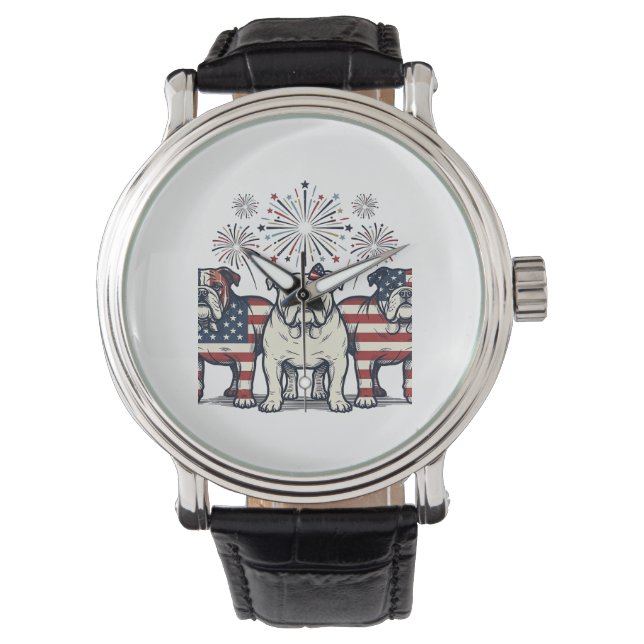 Patriotic Bulldog Fireworks Vintage Engraving Desi 腕時計 (正面)