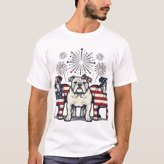 Patriotic Bulldog Fireworks Vintage Engraving Desi Tシャツ (正面)