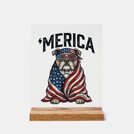 Patriotic Bulldog 'Merica Vintage Vector Shirt Des アクリルサイン (正面)