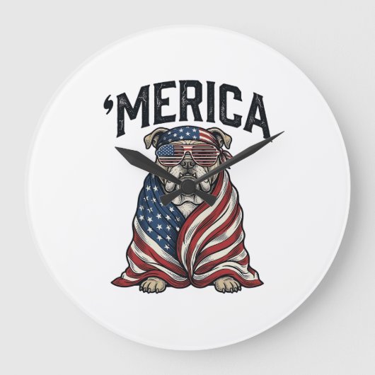 Patriotic Bulldog 'Merica Vintage Vector Shirt Des ラージ壁時計 (正面)