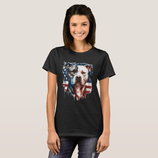 Patriotic Canine A Pitbull with American Flag Tシャツ (正面フル)