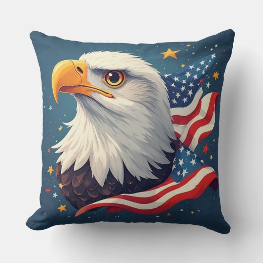 Patriotic Cartoon Eagle with American Flag クッション (正面)